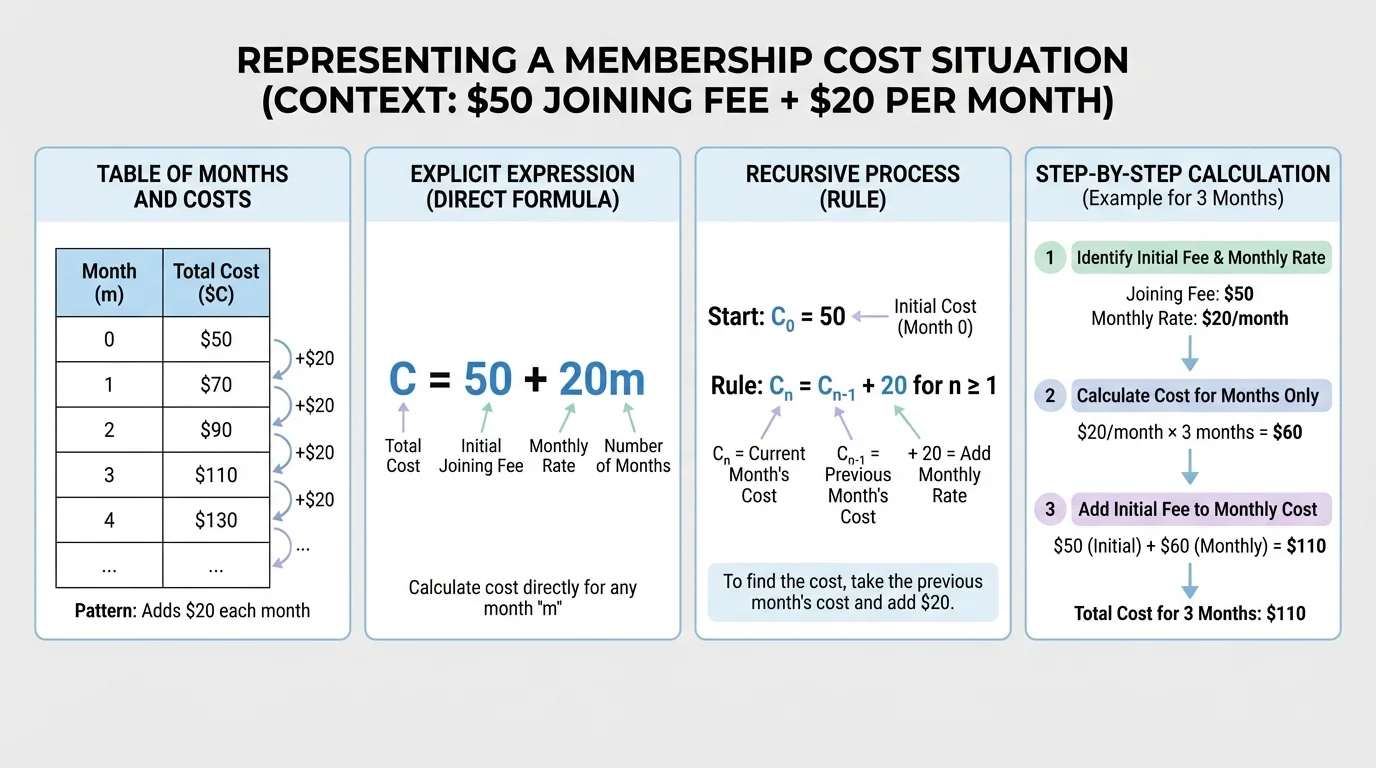 side-by-side comparison of a membership cost situation shown as a table of months and costs, a direct formula, a recursive rule, and a step-by-step calculation process