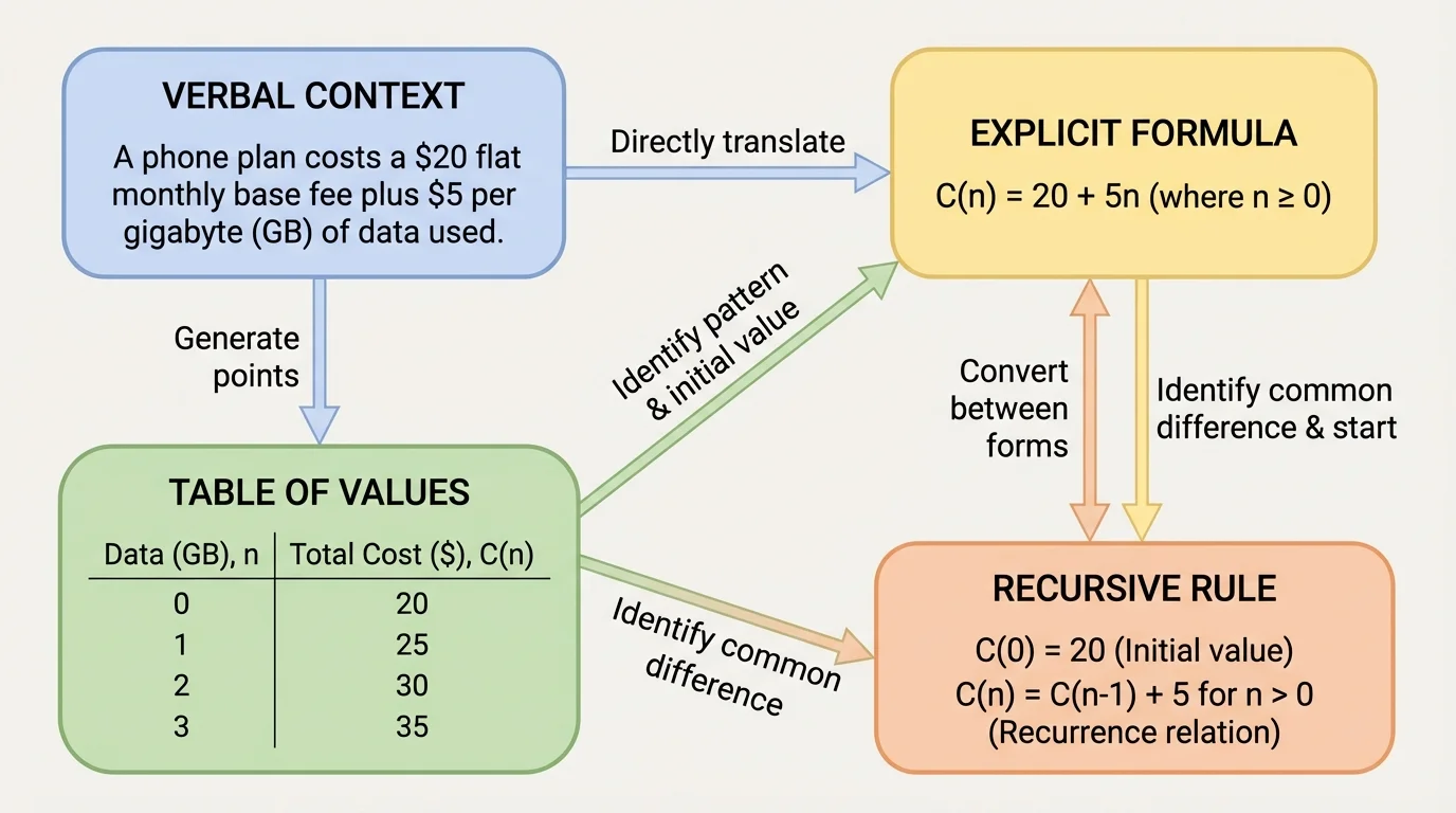 flowchart connecting verbal context to table of values, explicit formula, and recursive rule for a phone plan cost situation