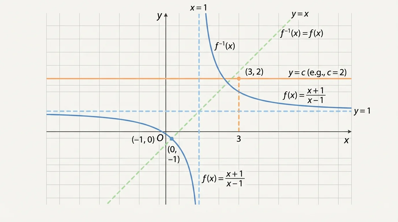 Graph of a rational function with labeled asymptotes x=1 and y=1 and branches on both sides