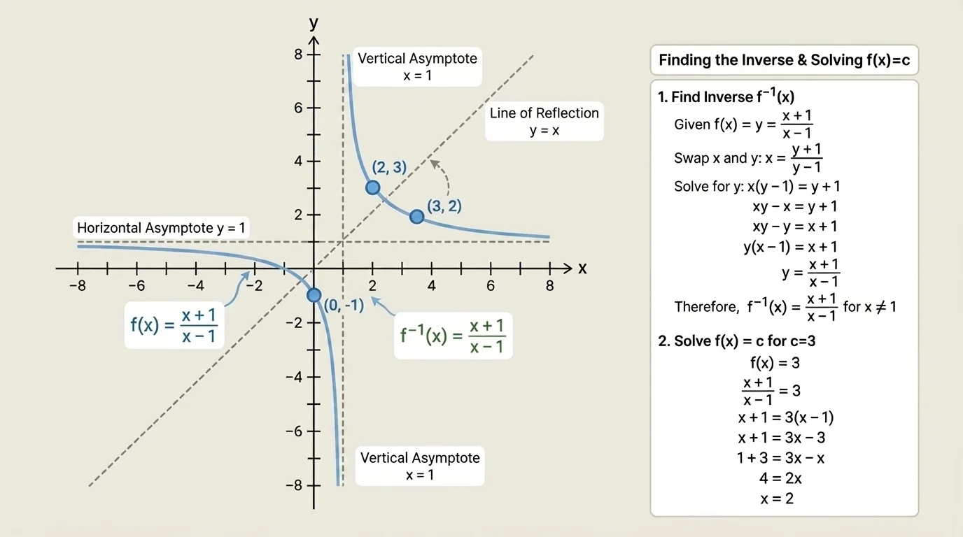 Graph showing a function and its inverse reflected across the line y=x on the same coordinate plane