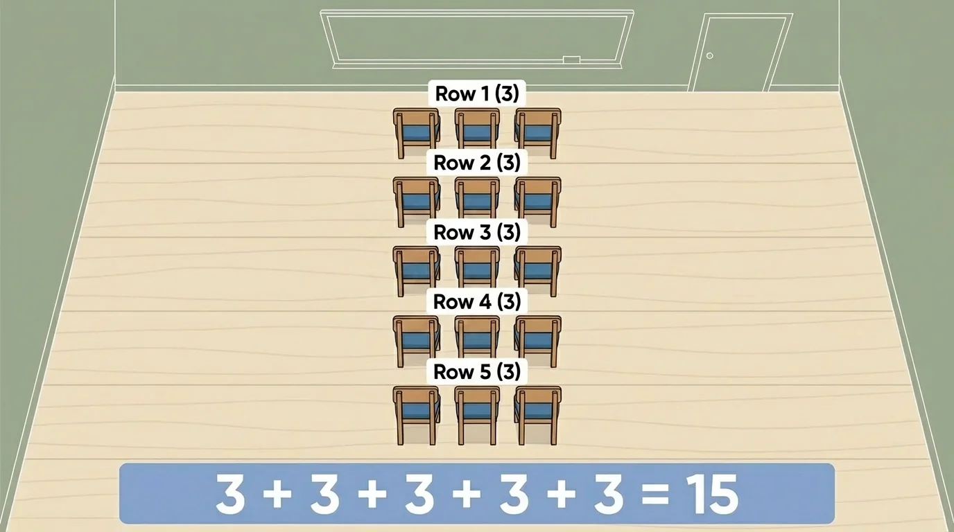 classroom scene with 5 rows of 3 chairs arranged in a rectangle
