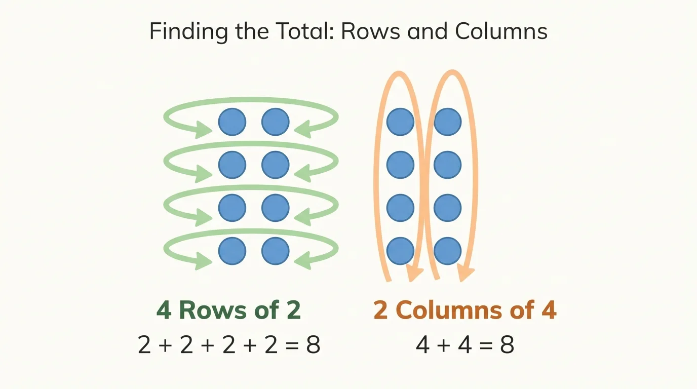 rectangular array of dots showing 4 rows of 2 and also 2 columns of 4, with arrows pointing to row grouping and column grouping
