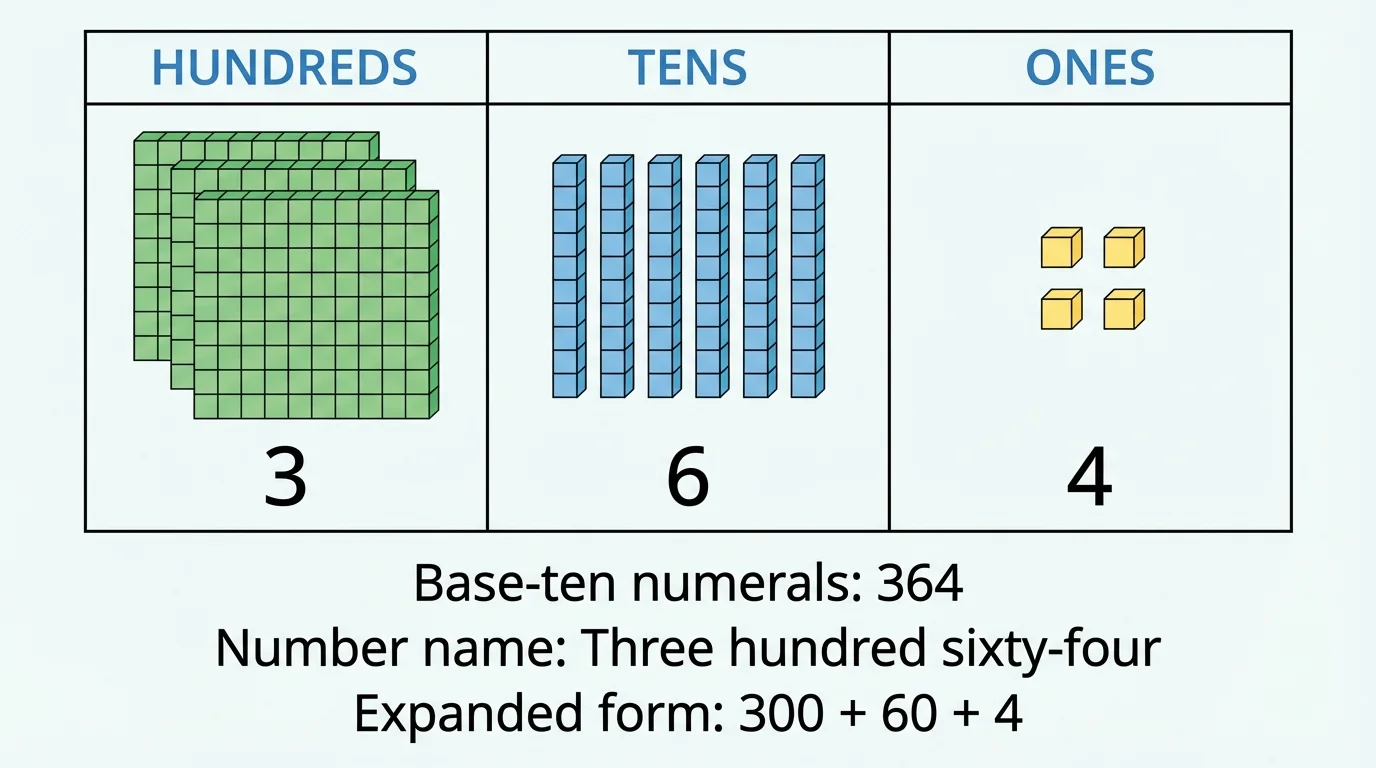 Place value chart showing 364 with 3 hundreds, 6 tens, and 4 ones using base-ten blocks and labeled columns hundreds, tens, ones