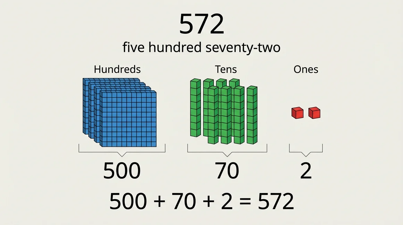 Number 572 shown with 5 hundred blocks, 7 ten rods, 2 ones cubes, and matching expanded parts 500, 70, 2
