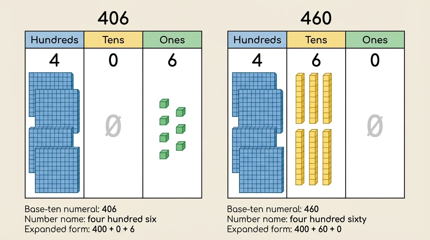Side-by-side place value charts comparing 406 and 460 with labeled hundreds, tens, ones columns and base-ten blocks showing zero in different places
