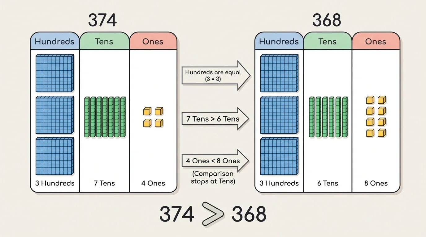 place-value chart with number 374 split into 3 hundreds, 7 tens, and 4 ones using base-ten blocks