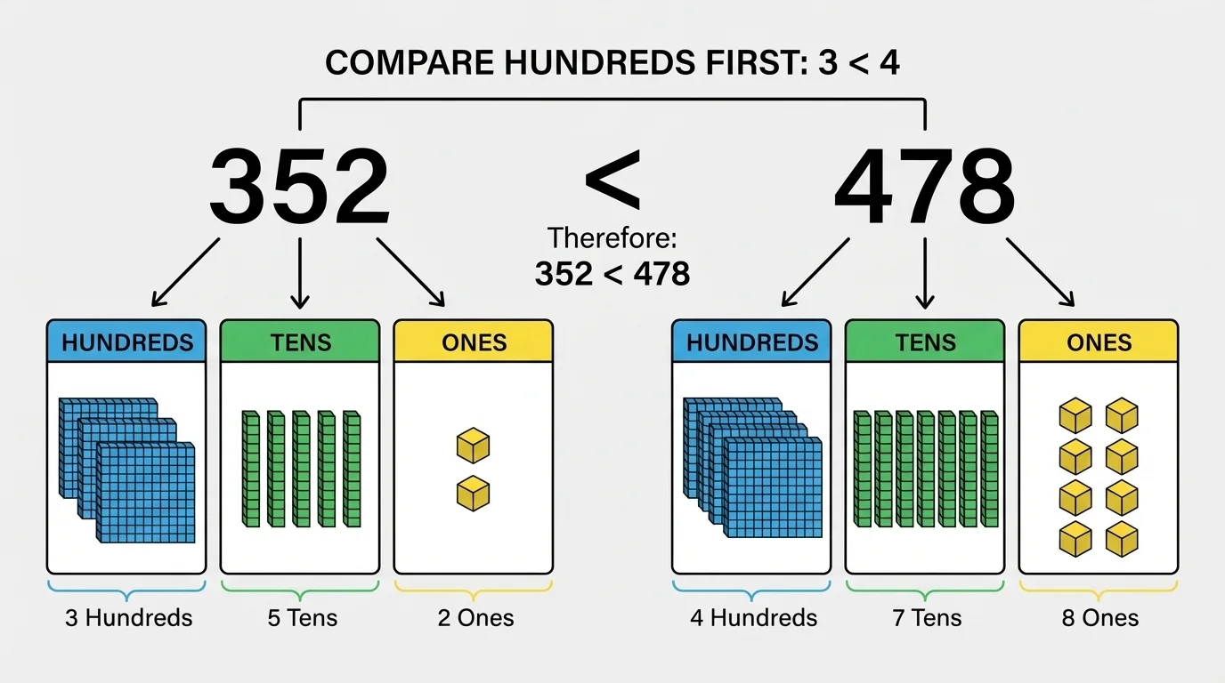 side-by-side comparison of 352 and 478 showing 3 hundreds versus 4 hundreds, with tens and ones also labeled