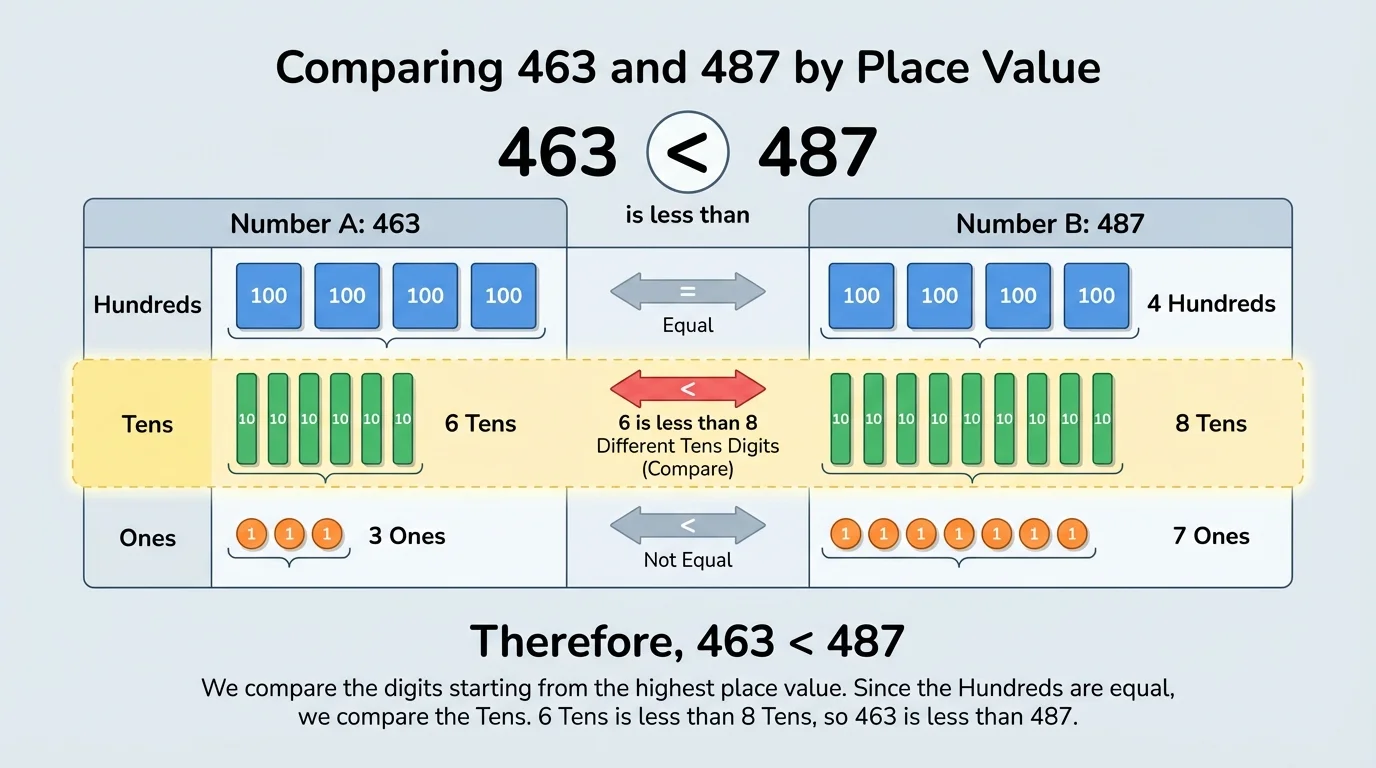 comparison chart for 463 and 487 with same hundreds, different tens, and highlighted tens digits