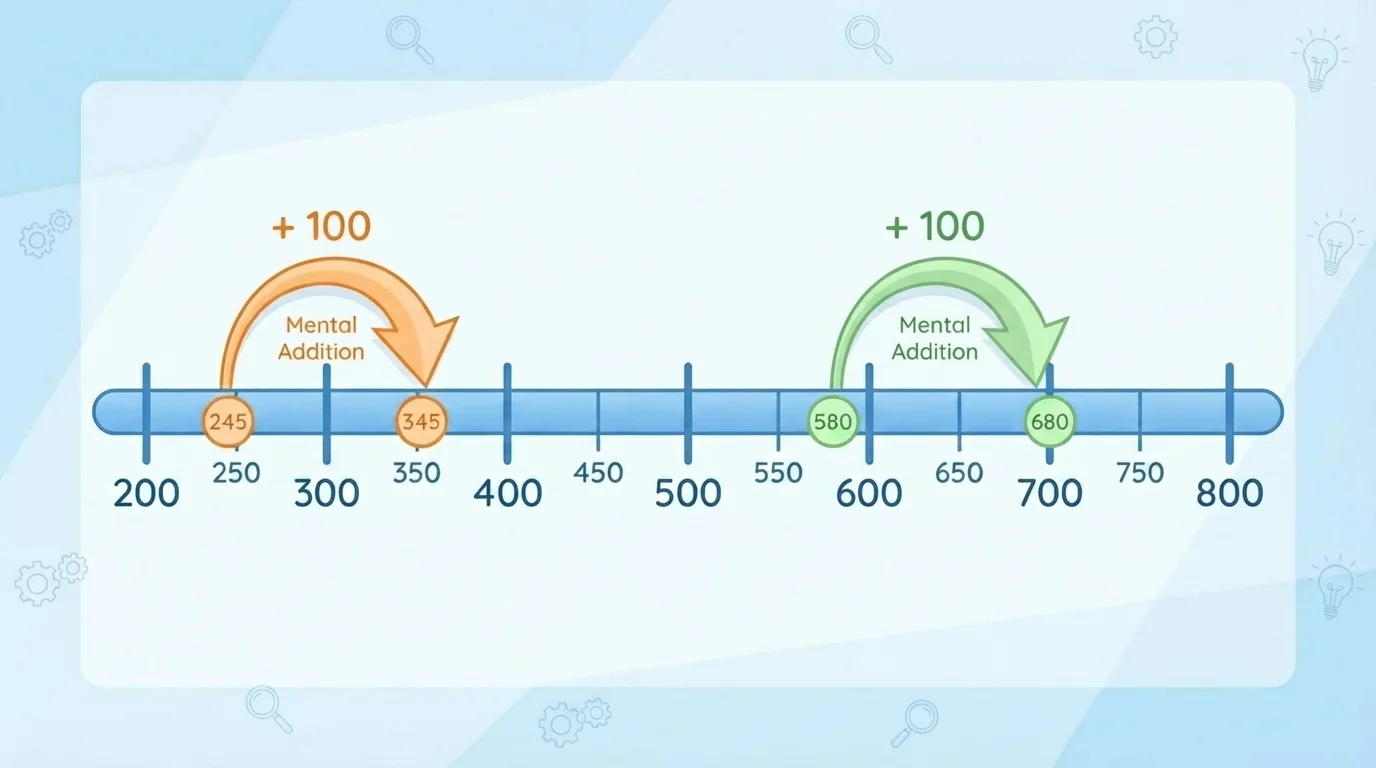 Number line showing jumps of 100 to the right from 245 to 345 and from 580 to 680