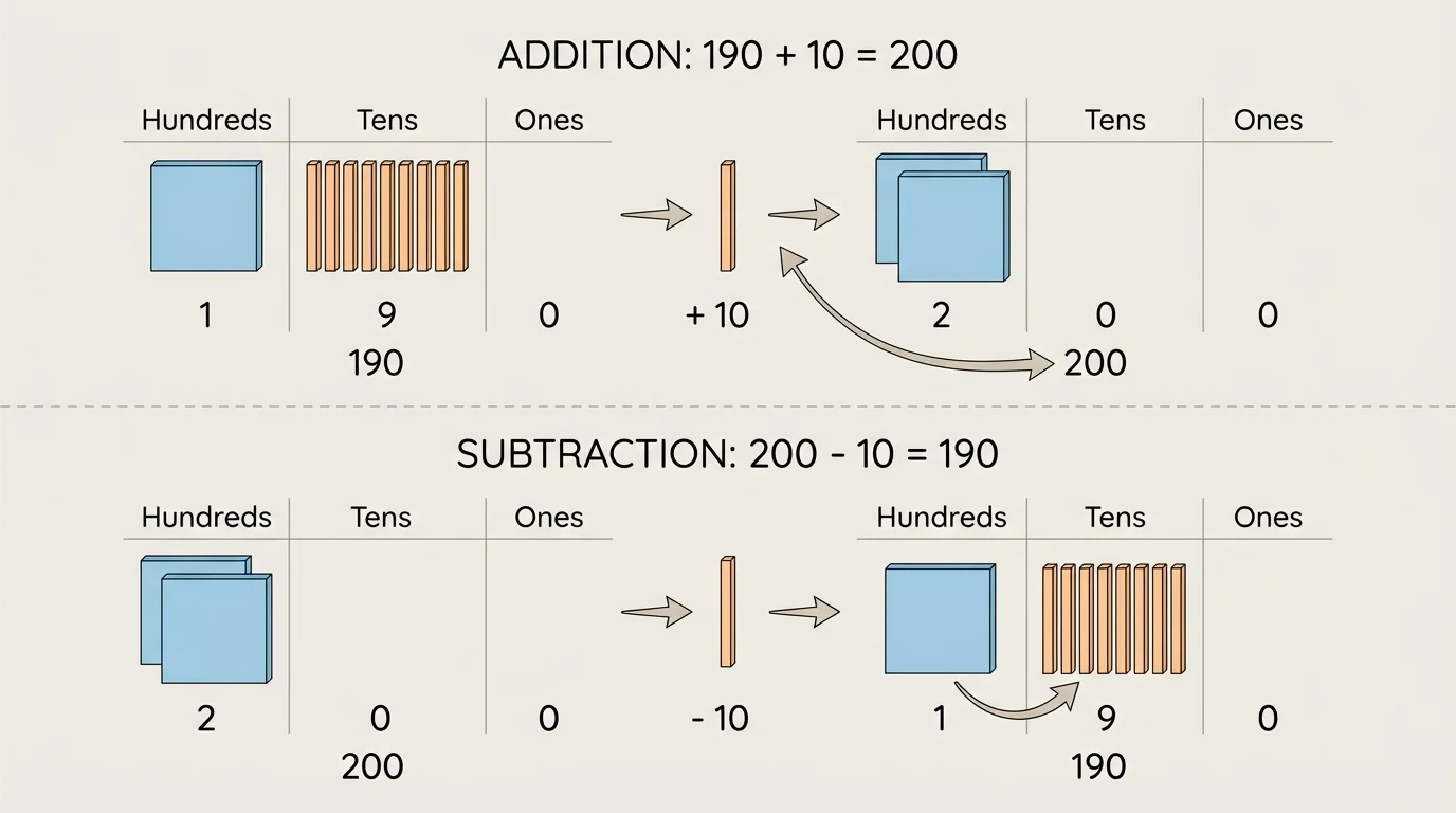 Two place value examples showing 190 plus 10 equals 200 and 200 minus 10 equals 190