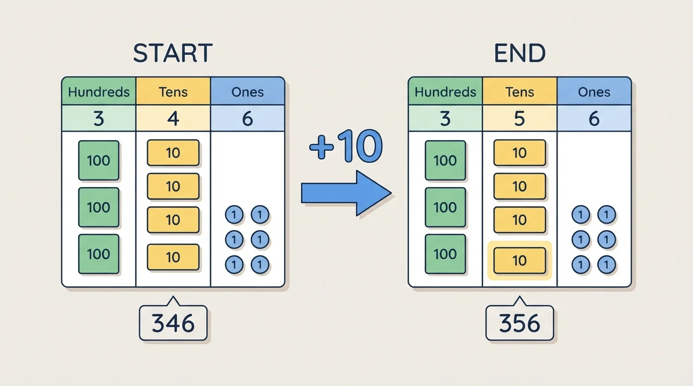 Place value chart with hundreds tens ones for 346 changing to 356 when 10 is added