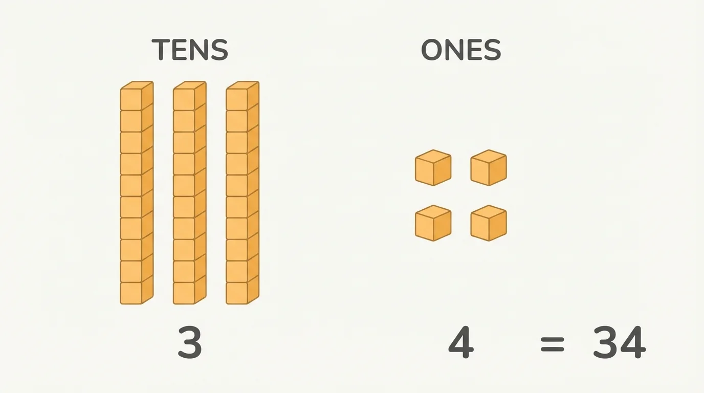 Base-ten blocks showing 34 as 3 tens rods and 4 ones cubes, labeled tens and ones
