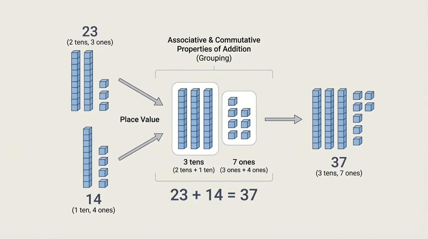 Base-ten blocks combined to show 23 plus 14 by grouping tens rods and ones cubes into 3 tens and 7 ones