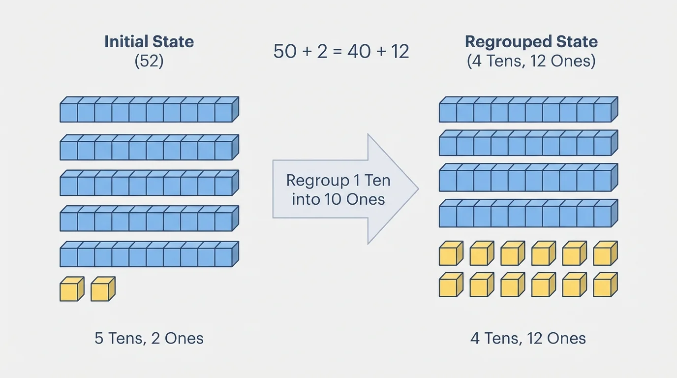 Base-ten blocks showing 52 regrouped from 5 tens 2 ones into 4 tens 12 ones before subtracting 28