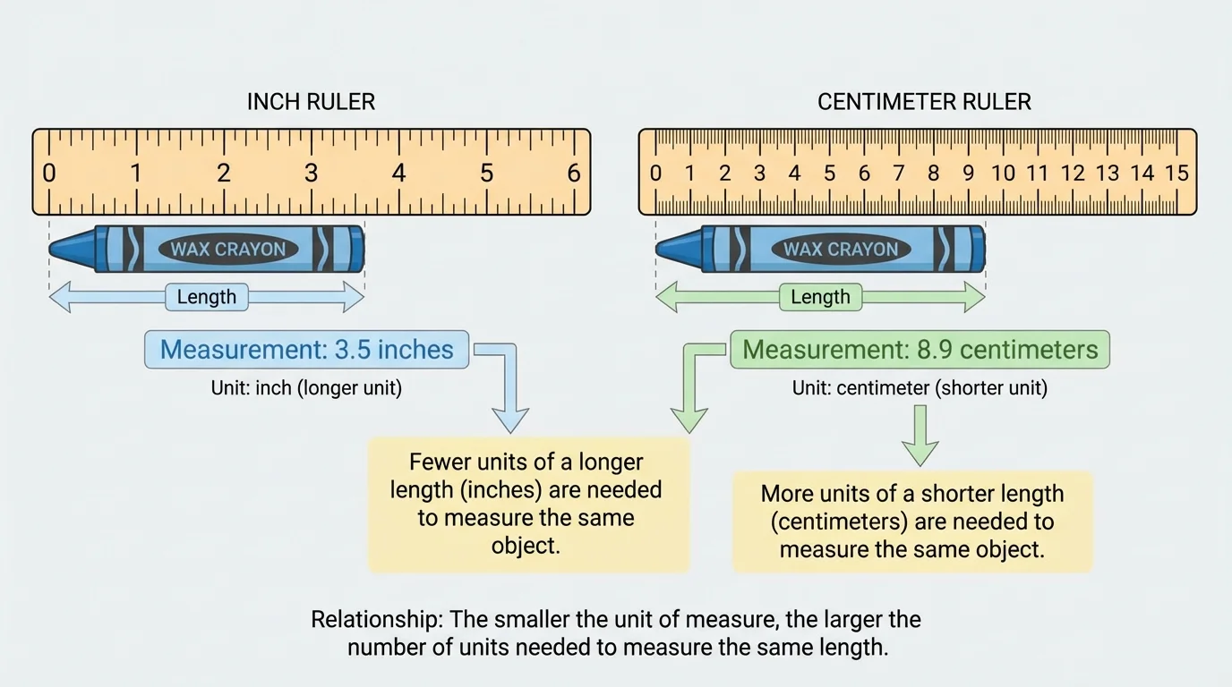 side-by-side view of one crayon next to an inch ruler and a centimeter ruler