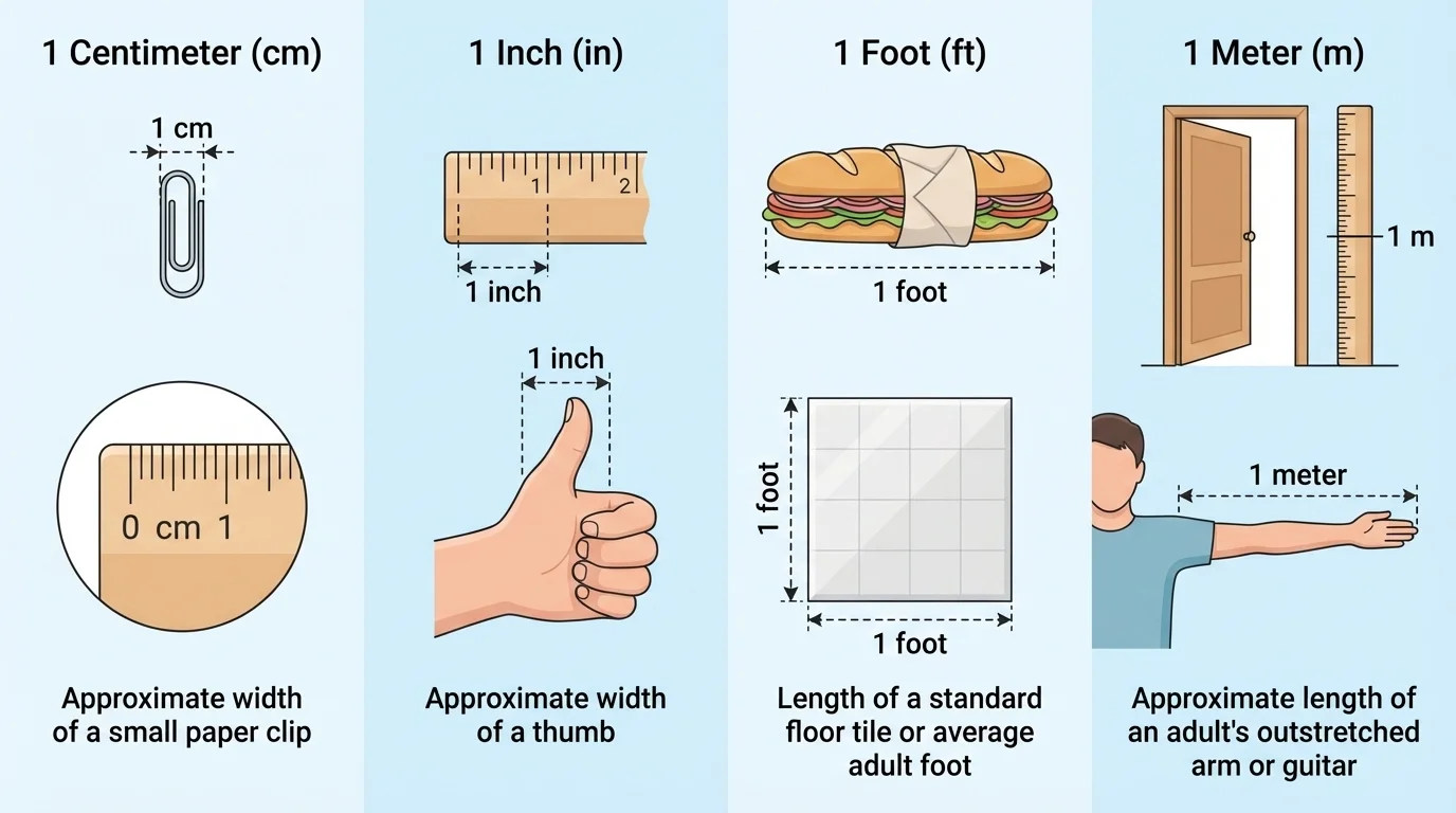 Comparison of four length units using everyday objects: a small paper clip for centimeters, a ruler section for inches, a bed or bench for feet, and a doorway or room height for meters, with simple size cues