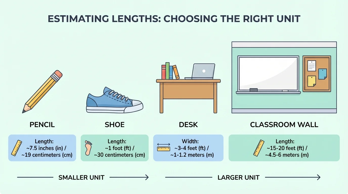 Everyday objects arranged from small to large—a pencil, shoe, desk, and classroom wall—with the most suitable unit labeled as inches, centimeters, feet, or meters
