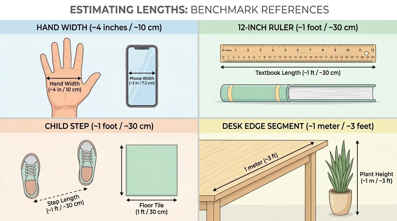 Benchmark lengths for estimating: a hand width, a 12-inch ruler, a child step, and part of a desk edge, each used to compare nearby objects