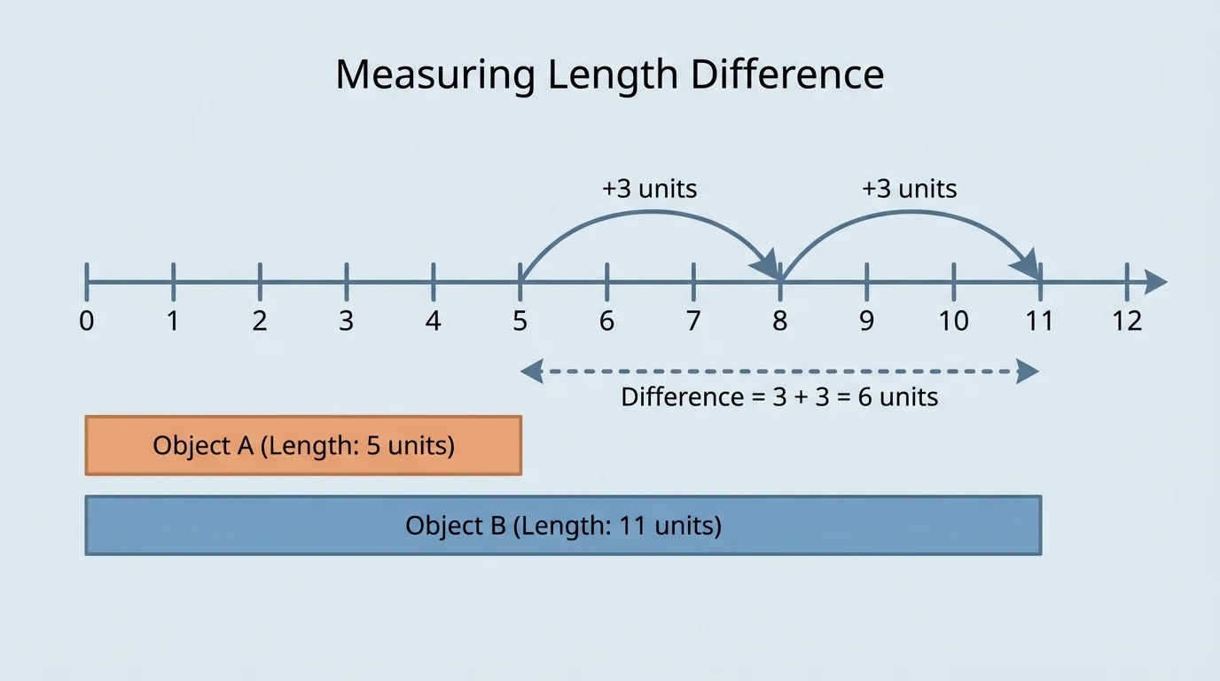 number line from 0 to 12 with jumps from 5 to 8 and from 8 to 11, showing a total difference of 6