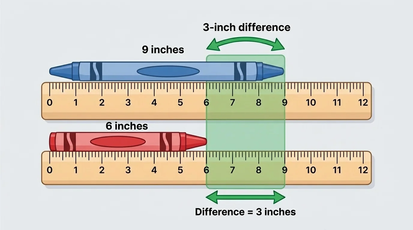 two crayons measured on rulers, one 9 inches long and one 6 inches long, with the extra 3-inch part highlighted
