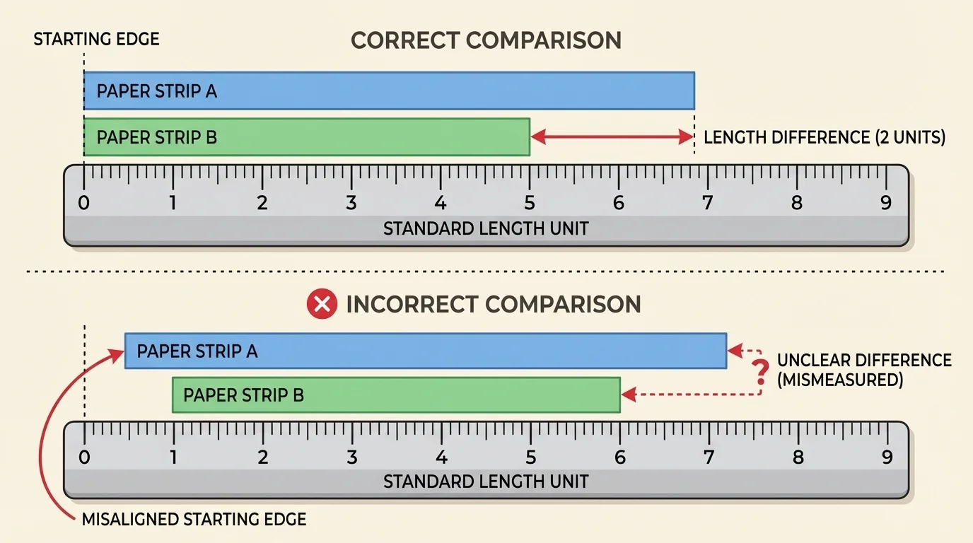 two pairs of paper strips, one pair lined up correctly at the same starting edge and one pair misaligned, showing correct and incorrect comparison