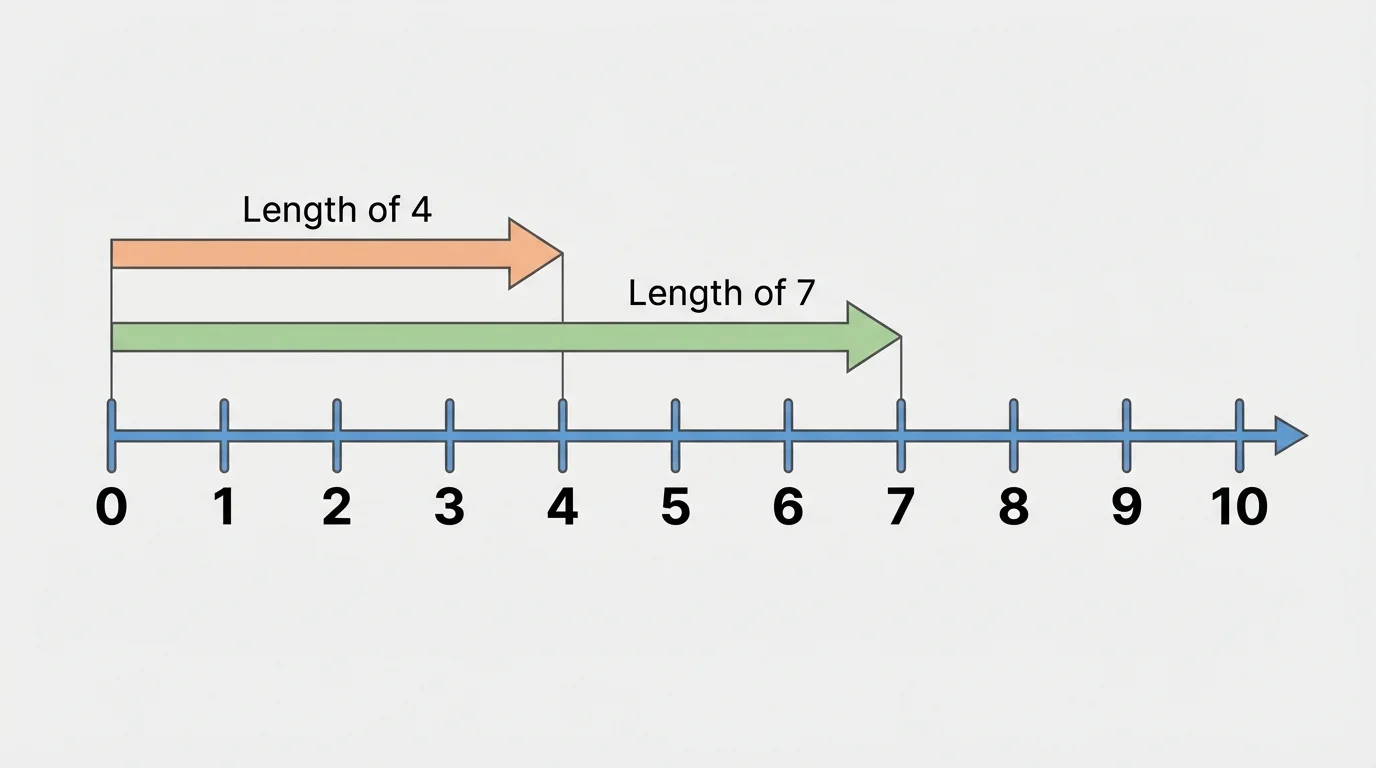 number line from 0 to 10 with equal spaces, labeled points, and arrows from 0 to 4 and from 0 to 7 showing these as lengths from 0