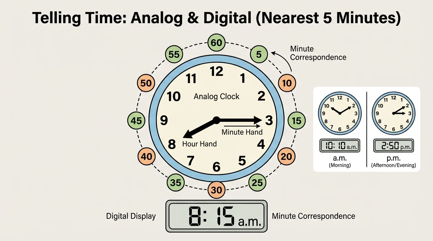 Analog clock showing that the numbers 1 through 12 match 5, 10, 15, 20, 25, 30, 35, 40, 45, 50, 55, and 60 minutes