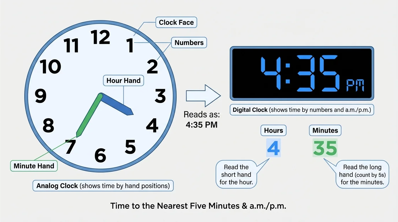 Labeled analog clock face with short hour hand, long minute hand, numbers 1 through 12, and a nearby digital time example