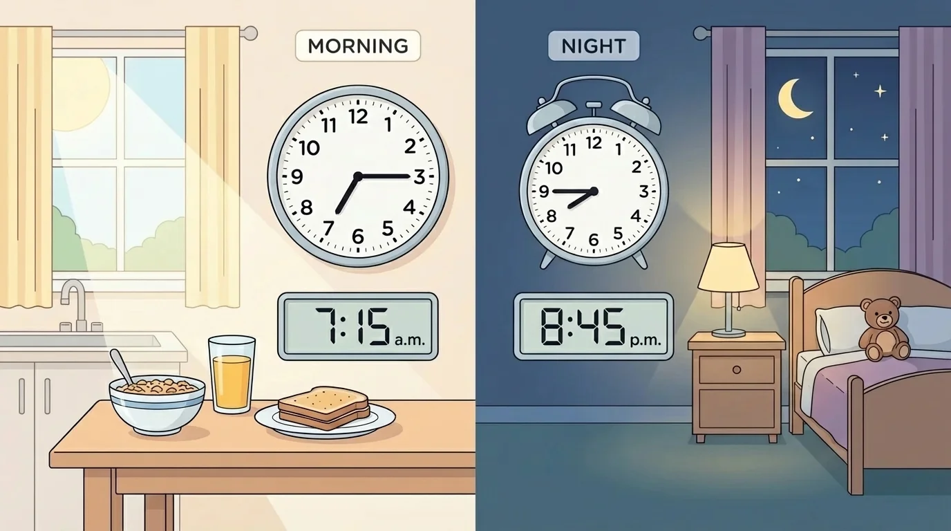 Two everyday scenes, breakfast in the morning and bedtime at night, each with matching clock times labeled a.m. and p.m.