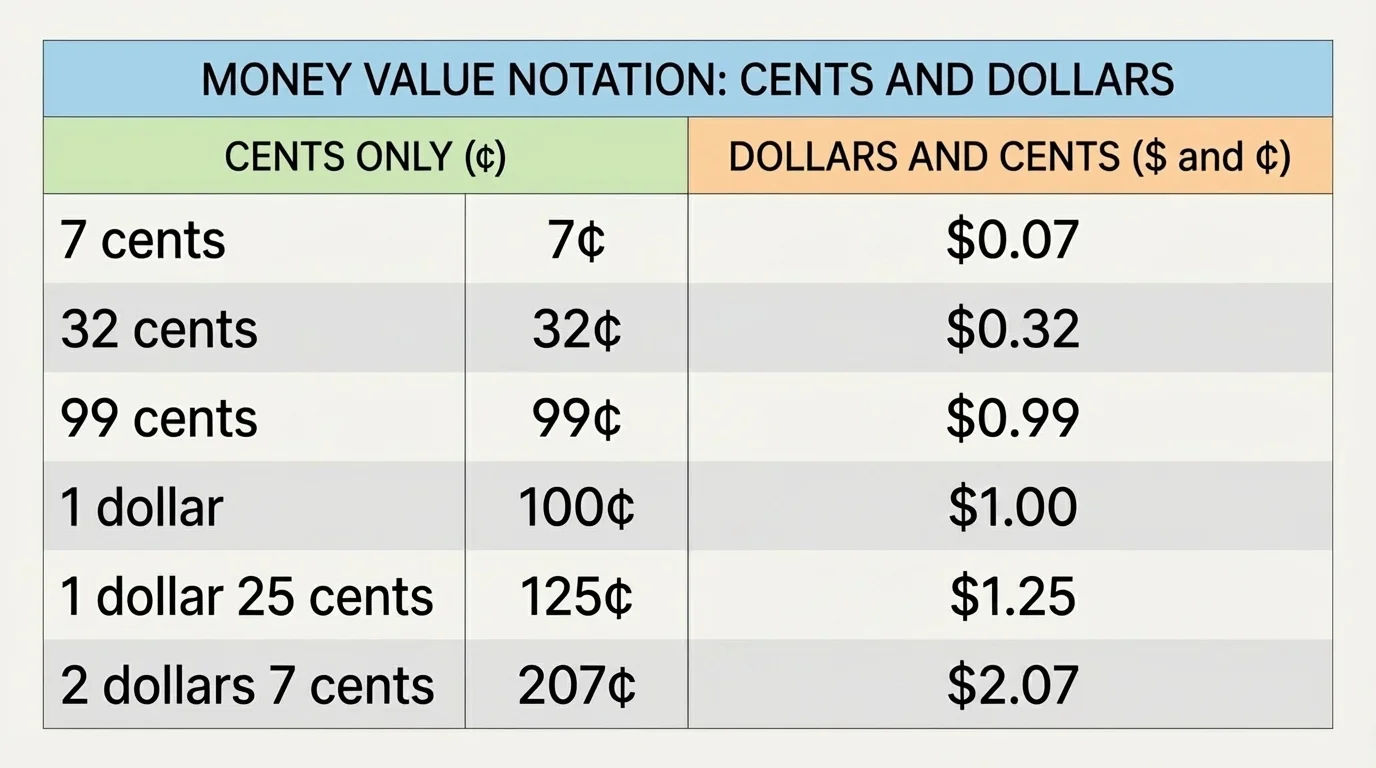 simple chart with examples labeled cents only and dollars and cents: 7 cents, 32 cents, 99 cents, 1 dollar, 1 dollar 25 cents, 2 dollars 7 cents