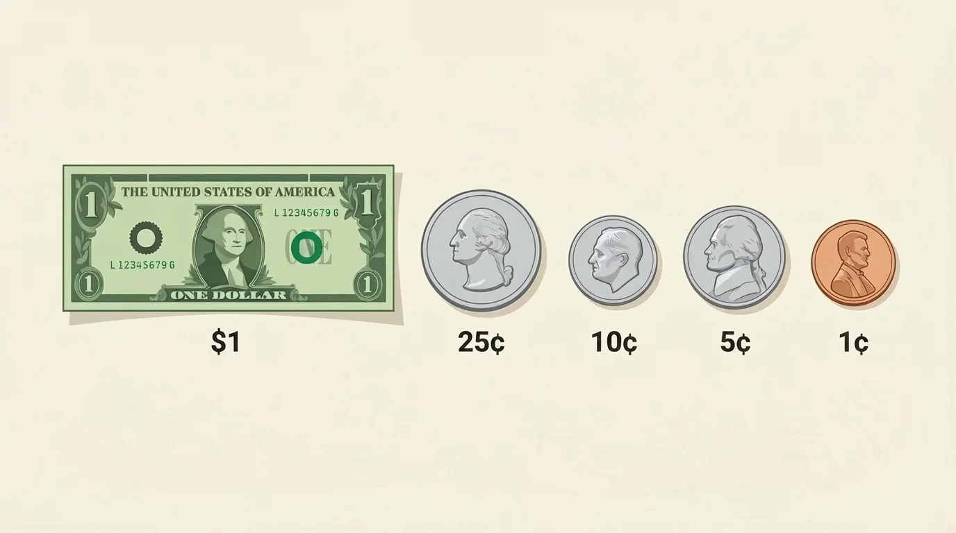 labeled set of a dollar bill, quarter, dime, nickel, and penny with values shown as $1, 25 cents, 10 cents, 5 cents, and 1 cent