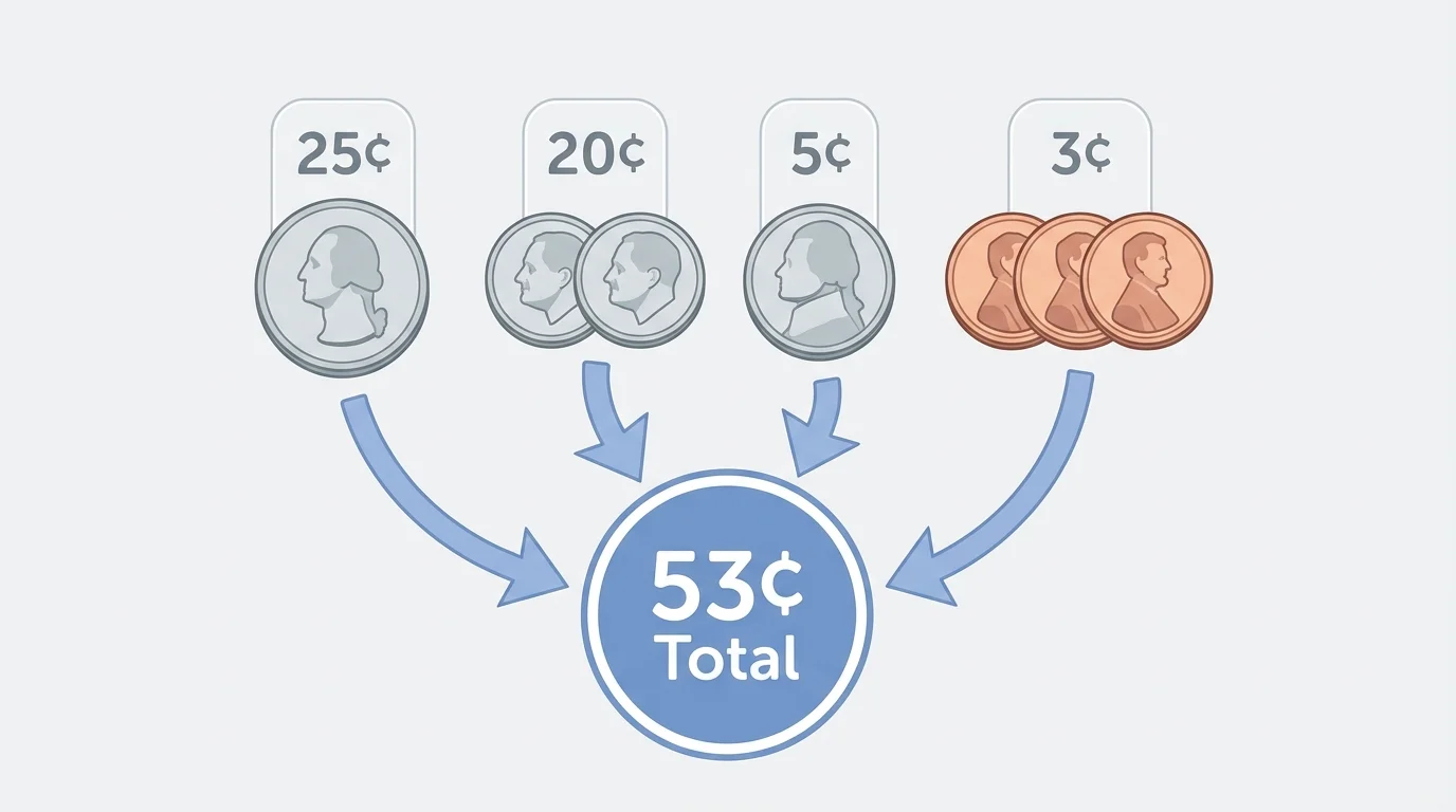 1 quarter, 2 dimes, 1 nickel, and 3 pennies grouped with arrows showing 25, 20, 5, and 3 combining to total 53 cents