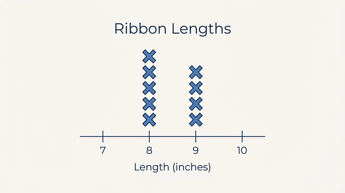 line plot labeled ribbon lengths with scale 7 to 10 and X marks showing repeated measurements at 8 and 9