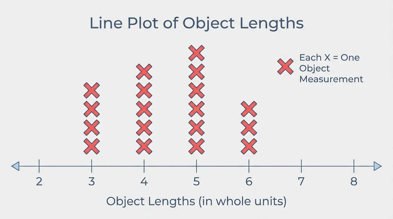 simple line plot of object lengths from 2 to 8 with X marks stacked above 3, 4, 5, and 6