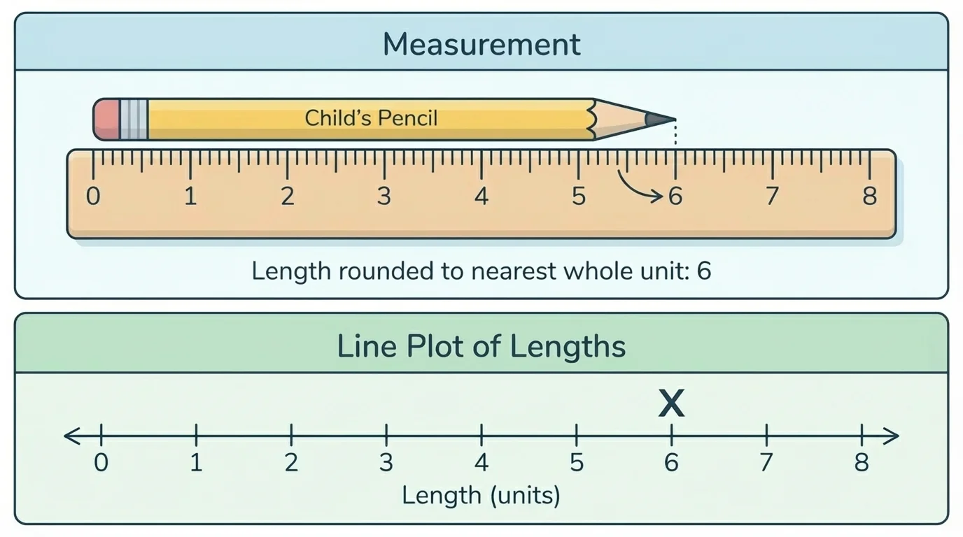 child's pencil lined up with 0 on a ruler, endpoint between 5 and 6, rounded to 6 units