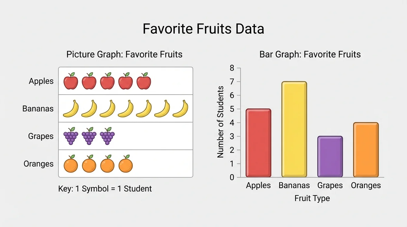 picture graph of favorite fruits with rows for apples, bananas, grapes, and oranges, and a key showing one symbol equals one student