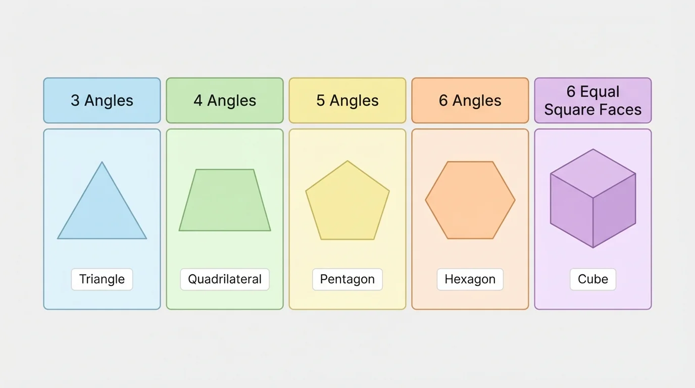 sorting chart with groups labeled 3 angles, 4 angles, 5 angles, 6 angles, and 6 equal square faces, containing triangle, quadrilateral, pentagon, hexagon, and cube