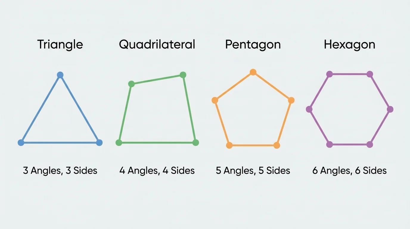 four labeled polygons with corners marked by dots and sides traced in different colors: triangle, quadrilateral, pentagon, and hexagon