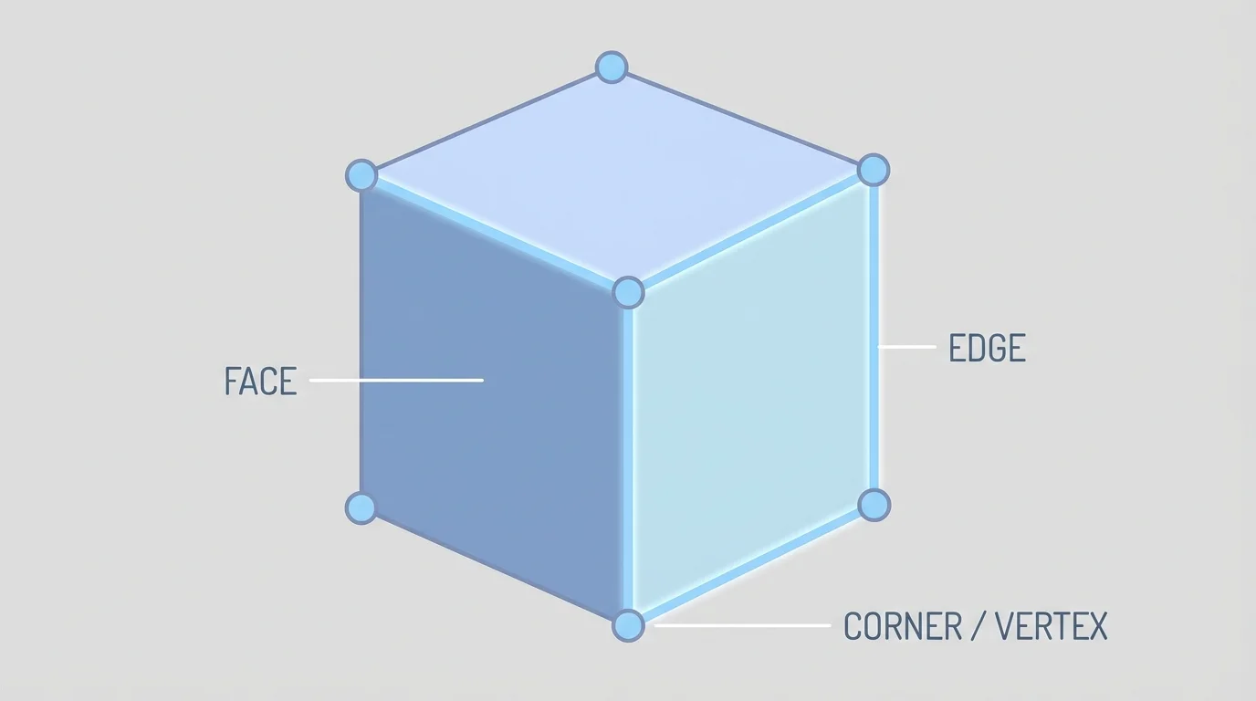3D cube with one face shaded, square faces visible, edges highlighted, and corners marked