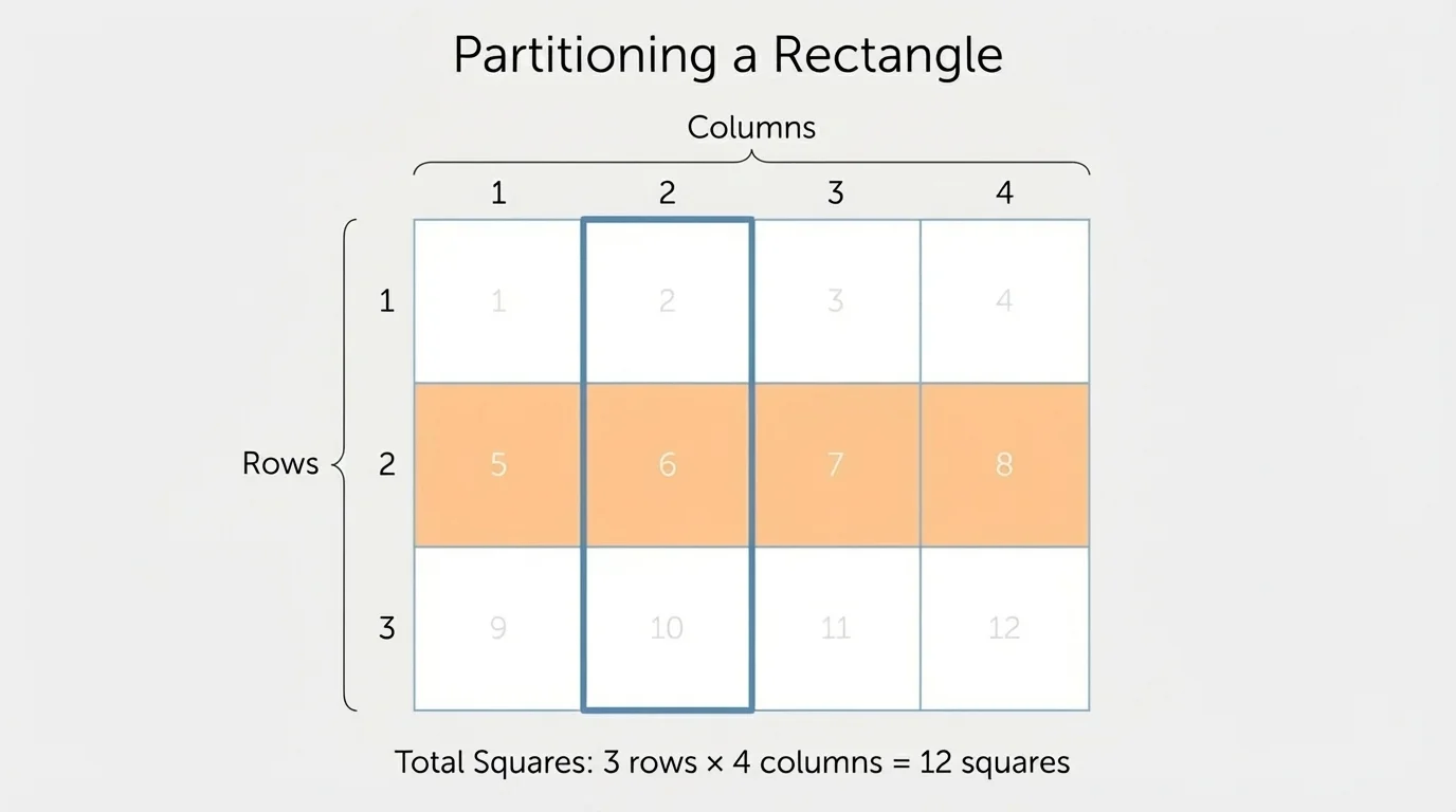 Rectangle divided into 3 rows and 4 columns of equal squares, with one row shaded and one column outlined