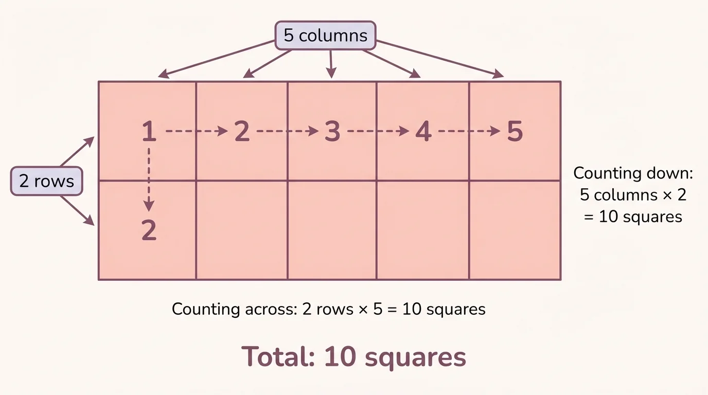Rectangle grid with 2 rows and 5 columns, showing counting across and counting down to get the same total