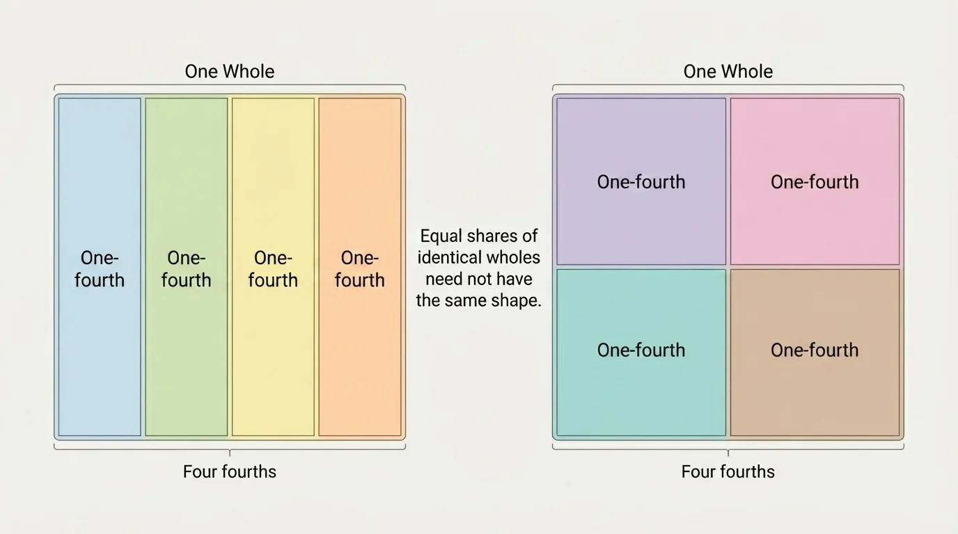 Two same-size rectangles each partitioned into four equal shares in different ways, one with strips and one with mixed shapes