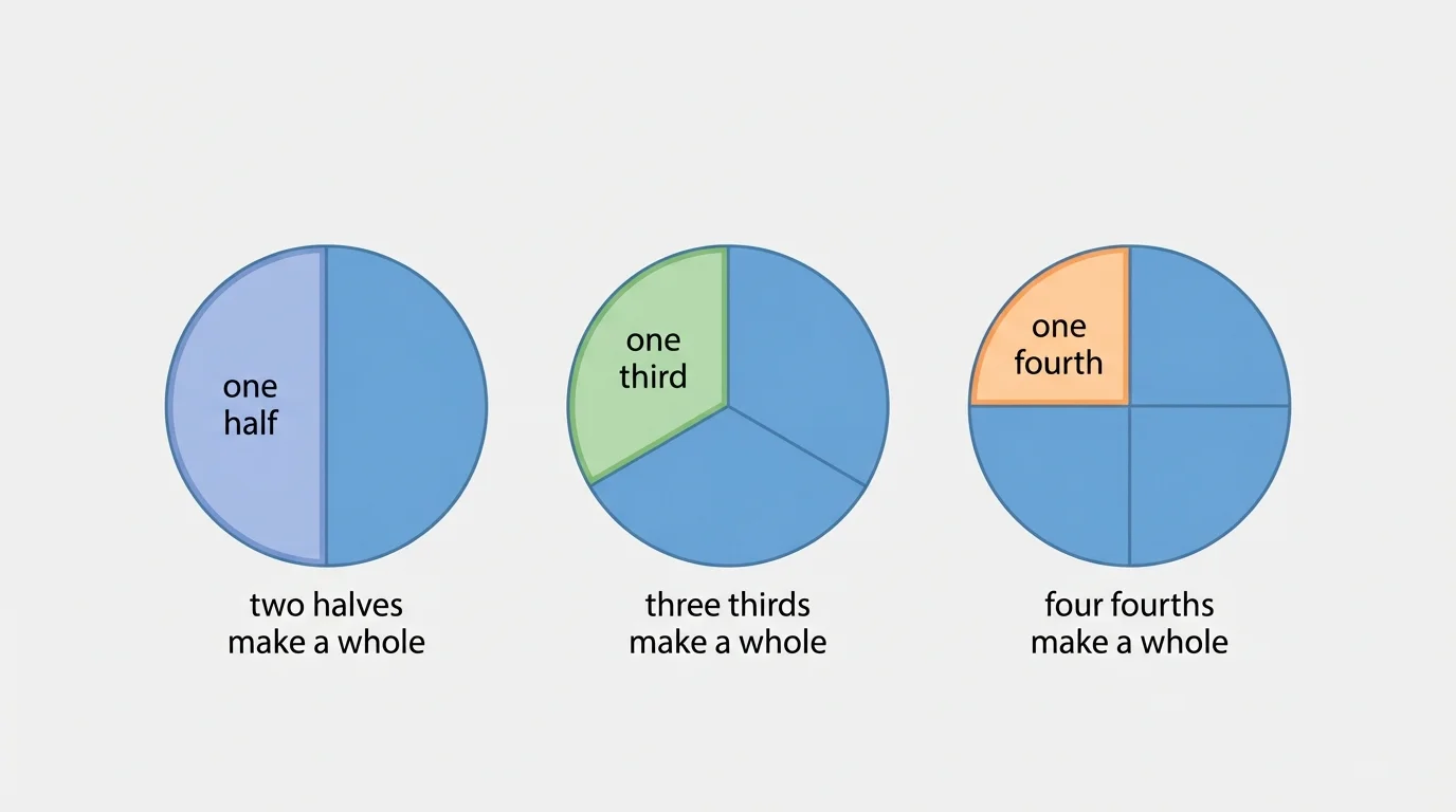 Three circles side by side showing halves, thirds, and fourths with shaded single shares