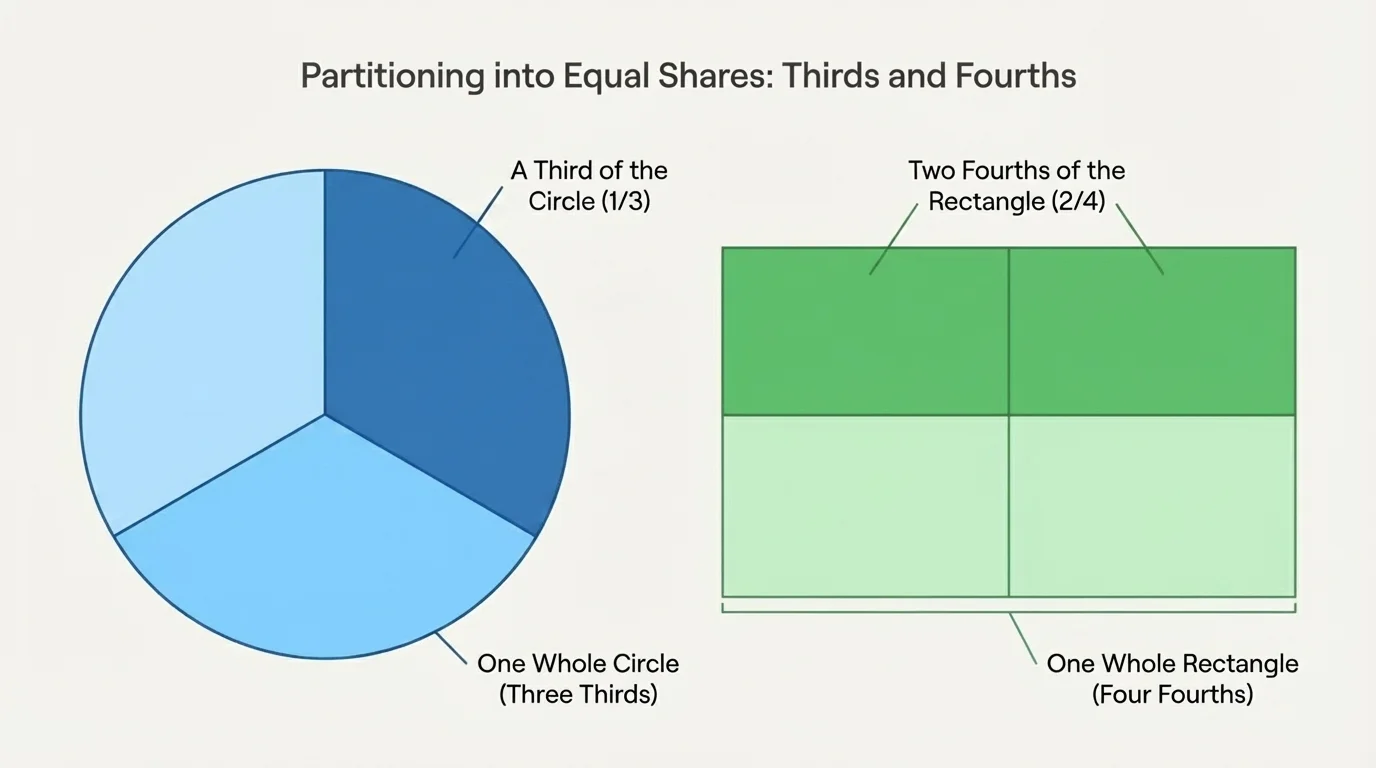 A circle with one of three equal parts shaded and a rectangle with two of four equal parts shaded