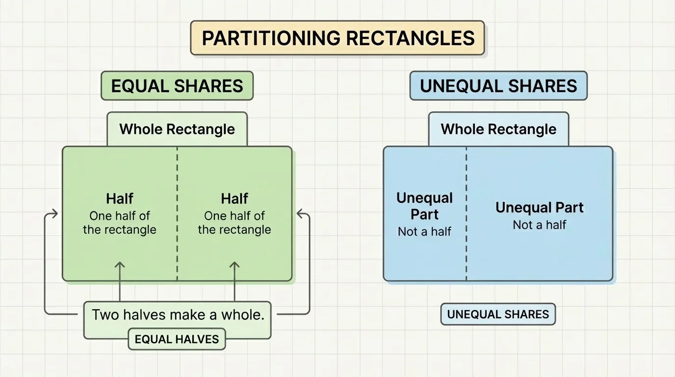 Rectangle examples showing one split into two equal parts and another split into two unequal parts, labeled whole and shares