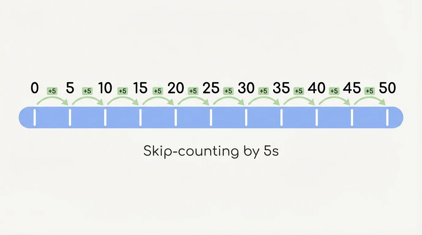 Number line from 0 to 50 with equal jumps of 5 labeled 0, 5, 10, 15, 20, 25, 30, 35, 40, 45, 50