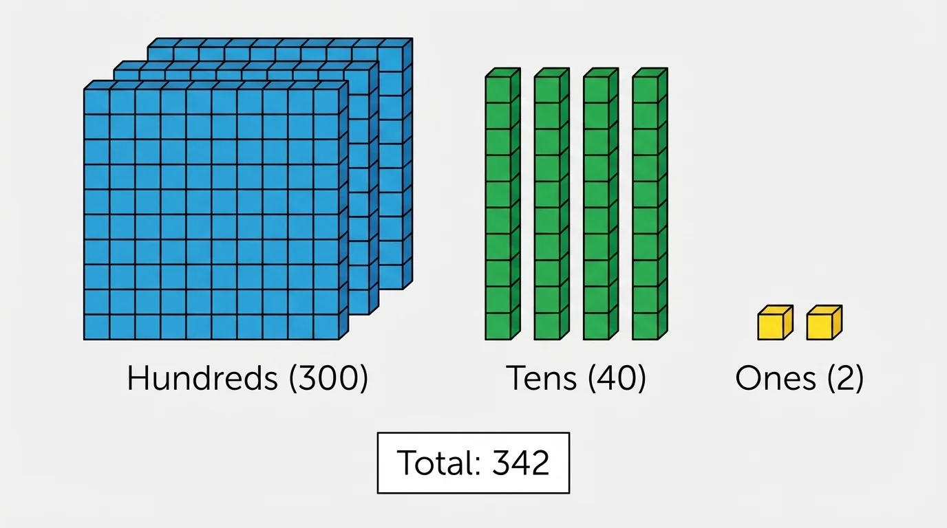 Base-ten blocks showing 3 hundreds, 4 tens, and 2 ones to represent 342