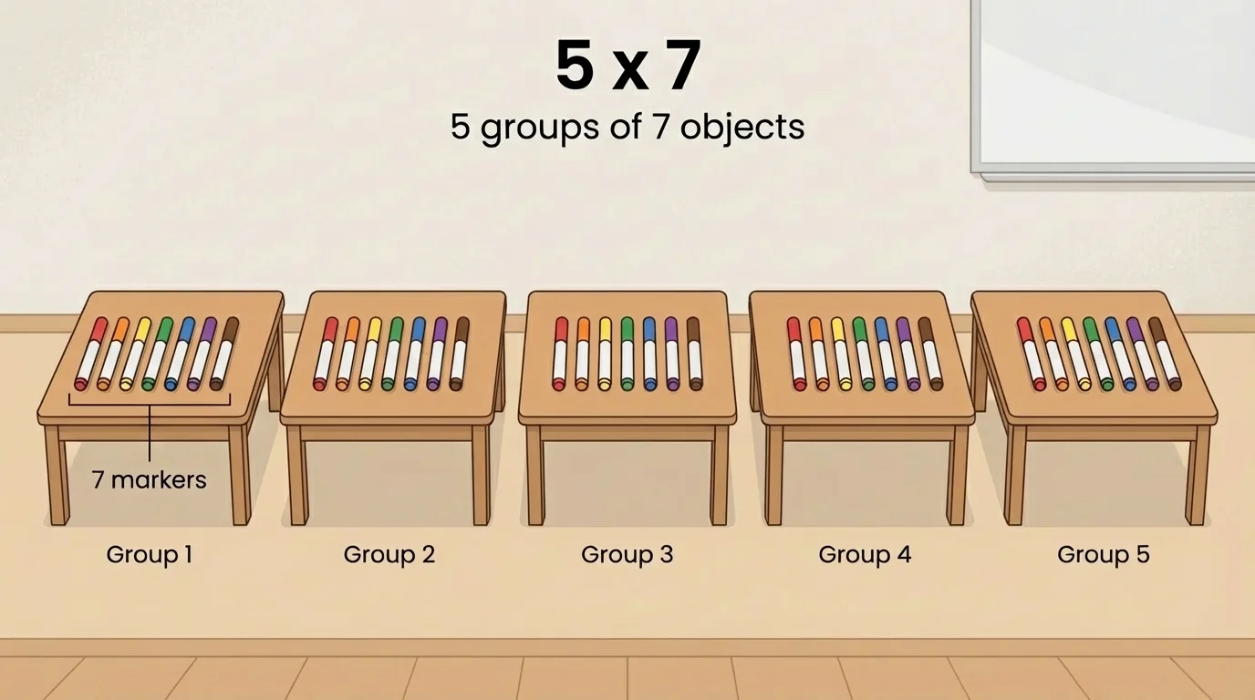 Classroom scene with five tables and seven markers on each table, equal groups easy to see