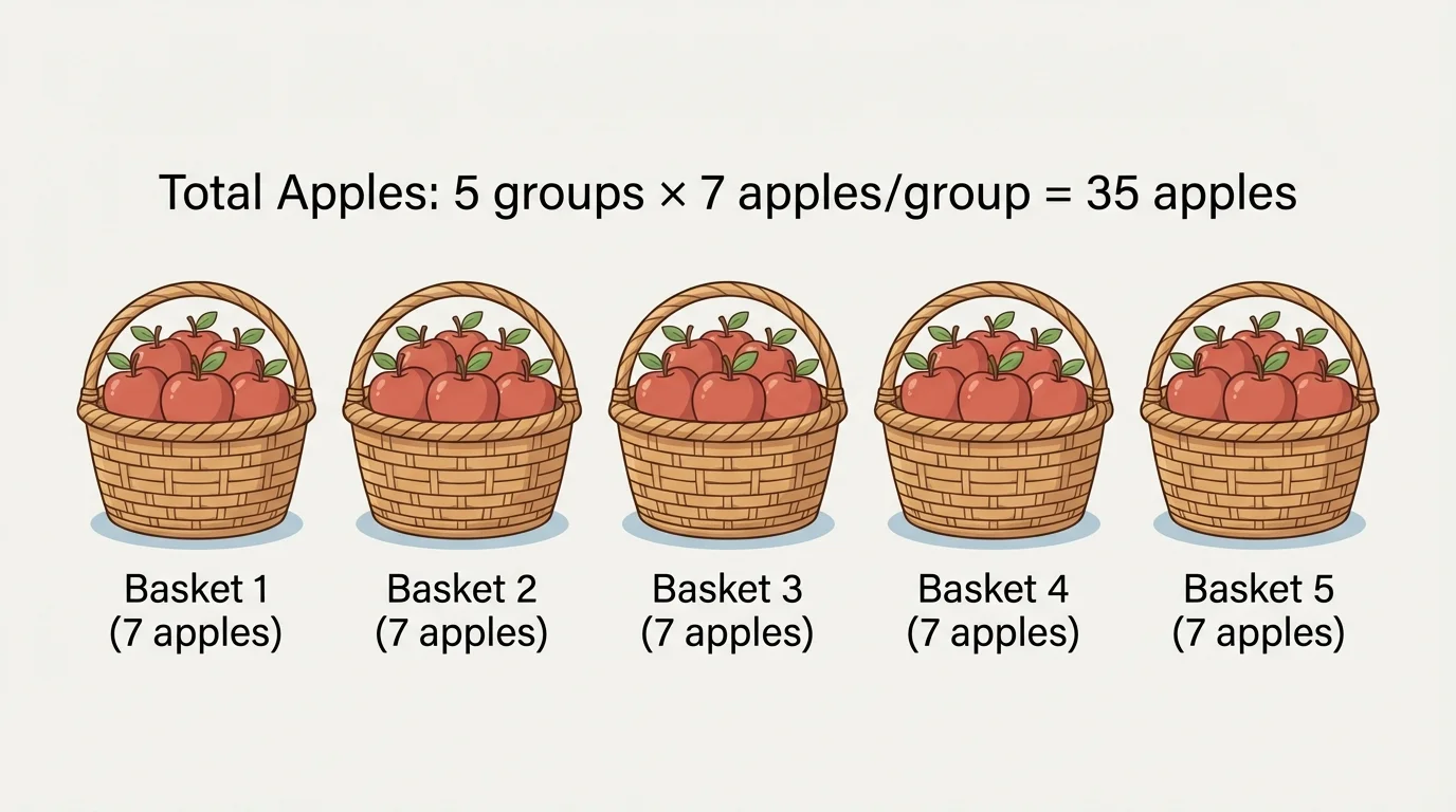 Five baskets with seven apples in each basket, clearly separated into equal groups, simple labels for each group