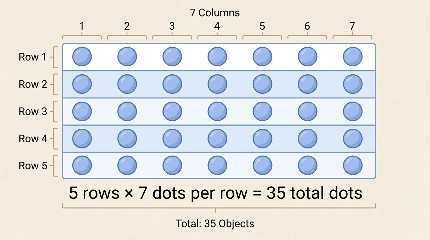 Rectangular array of five rows with seven dots in each row, rows clearly organized and easy to count